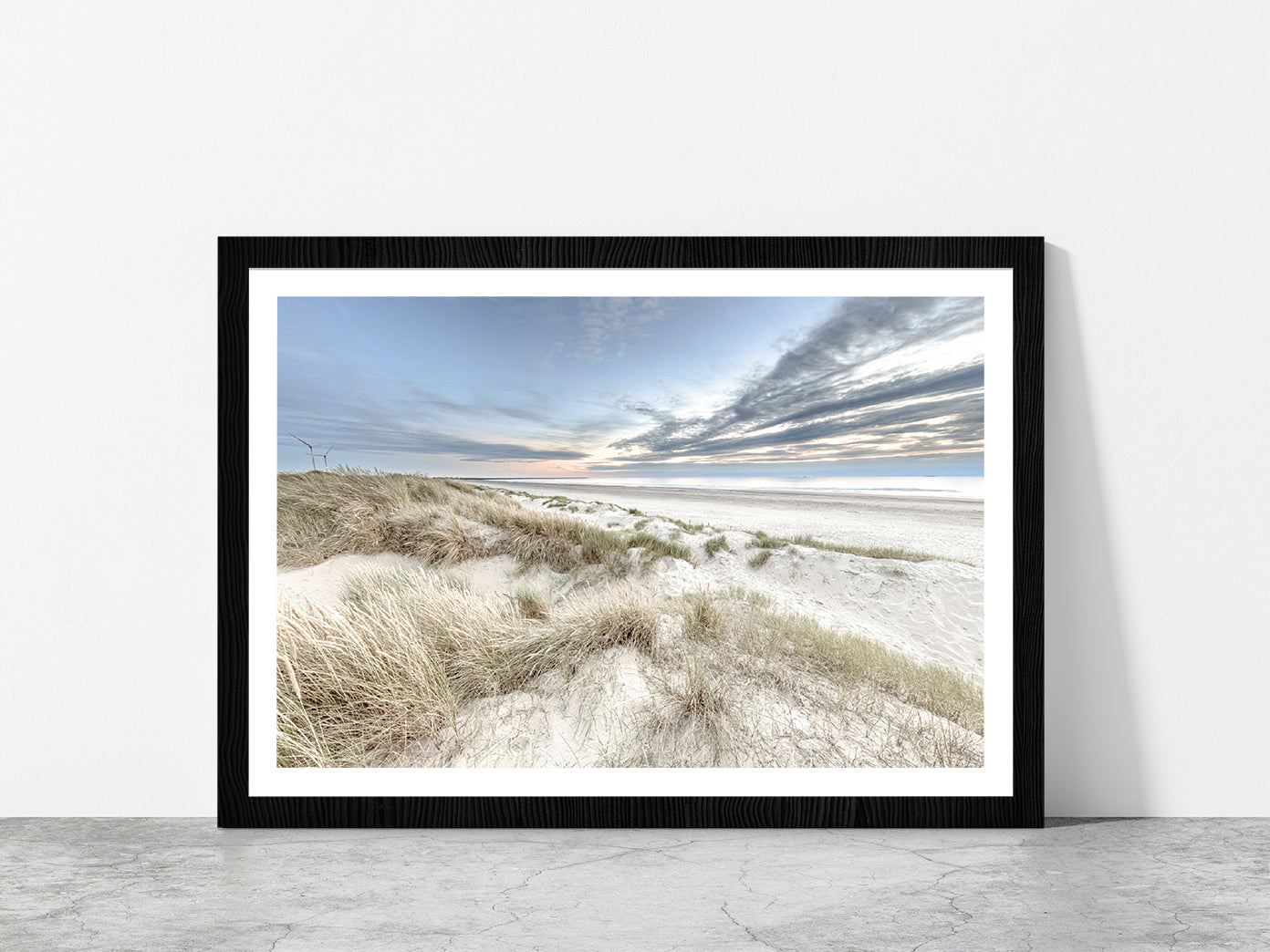 Sand Dunes & Cloudy Blue Sky Photograph Glass Framed Wall Art, Ready to Hang Quality Print With White Border Black