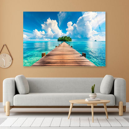 Wooden Pier to An Island in Ocean  Acrylic Glass Print Tempered Glass Wall Art 100% Made in Australia Ready to Hang