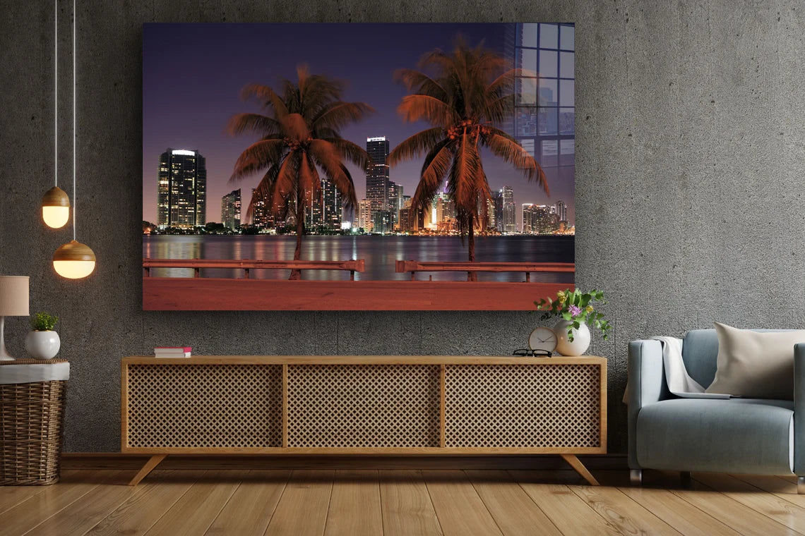 Night Cityscape Palms UV Direct Aluminum Print Australian Made Quality