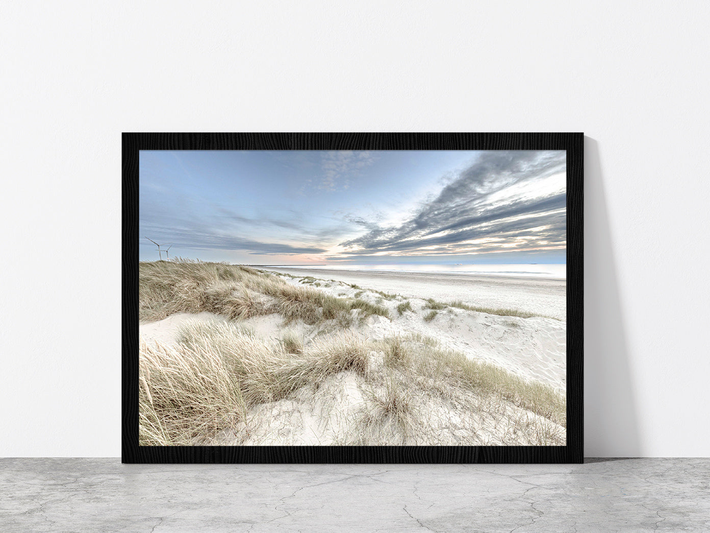 Sand Dunes & Cloudy Blue Sky Photograph Glass Framed Wall Art, Ready to Hang Quality Print Without White Border Black