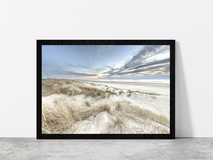 Sand Dunes & Cloudy Blue Sky Photograph Glass Framed Wall Art, Ready to Hang Quality Print Without White Border Black