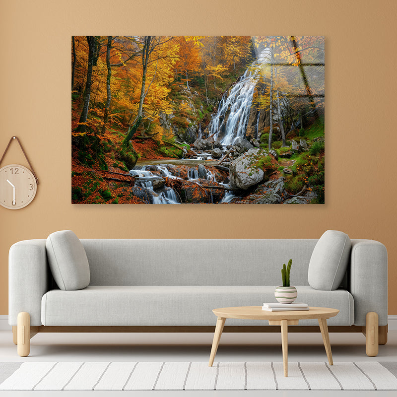 Waterfall in a Forest with Trees Acrylic Glass Print Tempered Glass Wall Art 100% Made in Australia Ready to Hang - Bella Home Decor