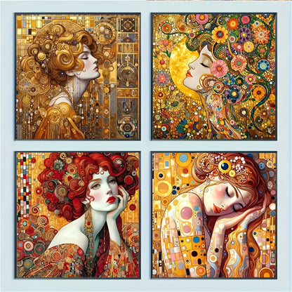 4pcs Ornate Female Face & Floral Patterns Wall Art Canvas Framed
