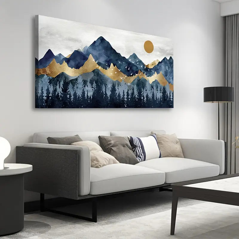 Abstract Nordic Indigo Blue Golden Mountain Forest Wall Art canvas office home room framed 120x60cm - Bella Home Decor