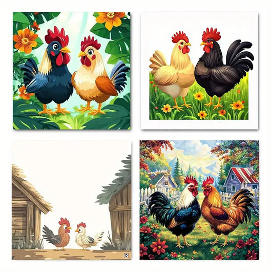 4pcs Paintings Chicken Family Wall Art Canvas Framed