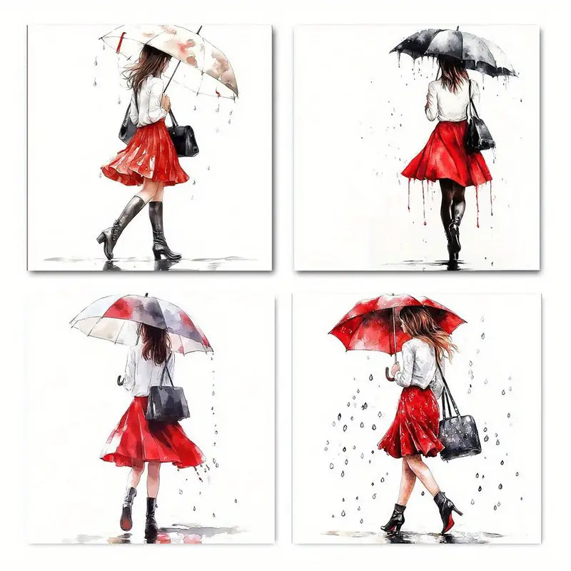 4pcs Girl With Red Umbrella Picture Wall Art Canvas Framed