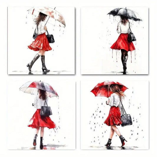 4pcs Girl With Red Umbrella Picture Wall Art Canvas Framed