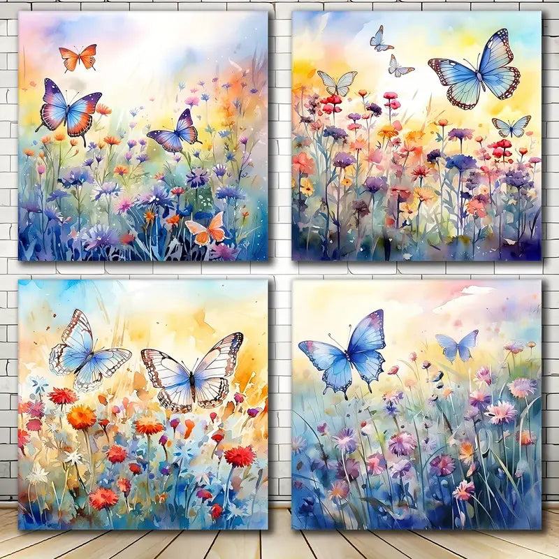 4pcs Colorful Wildflower Wall Art Butterfly Wall Art Canvas Framed - Bella Home Decor