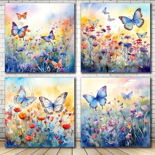 4pcs Colorful Wildflower Wall Art Butterfly Wall Art Canvas Framed