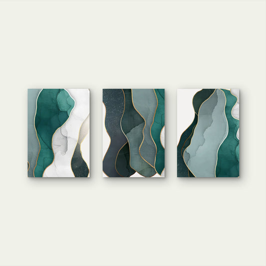 3pcs Teal Green Gold Abstract Marble Painting Wall Art Set Canvas Framed 50x70cm - High Quality Print 100% Australian Made Wall Canvas Ready to Hang