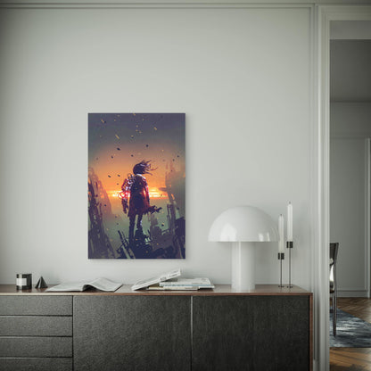 Man With Robotic Arm Standing On Ruined Buildings 60x90cm Metal Print Ready to Hang