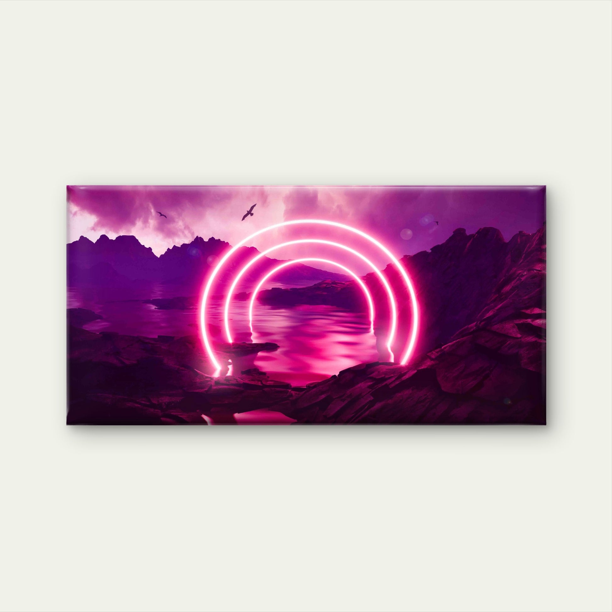 Glowing Rings in Neon Sea Wall Art Canvas Office Home Room Framed 120x60cm - Bella Home Decor