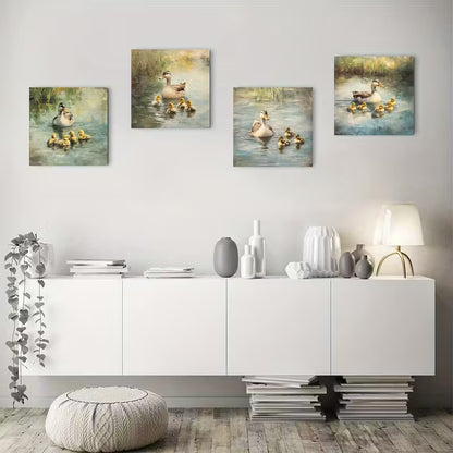 4pcs Duck Animal Painting Picture  Wall Art Canvas Framed