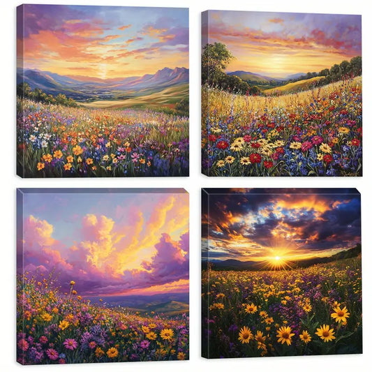 4pcs Sunset Wildflower Field Wall Art Canvas Framed
