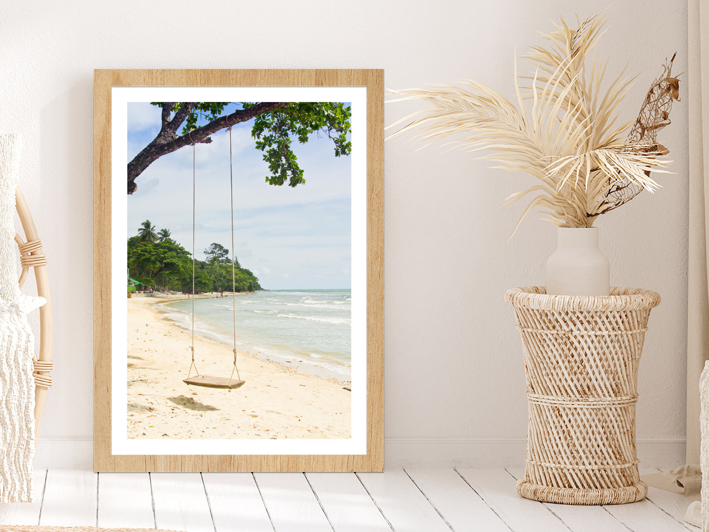 Swing Tree Sand Beach View at Thailand Glass Framed Wall Art, Ready to Hang Quality Print With White Border Oak