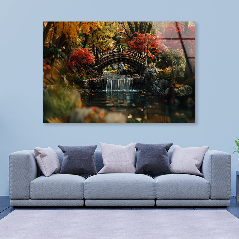 Bridge Over a River with a Waterfall and Trees Acrylic Glass Print Tempered Glass Wall Art 100% Made in Australia Ready to Hang - Bella Home Decor