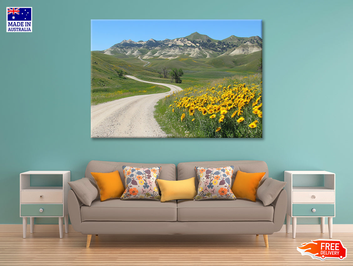 Field Of  Yellow Flowers, Mountains & Road Print 100% Australian Made - Bella Home Decor