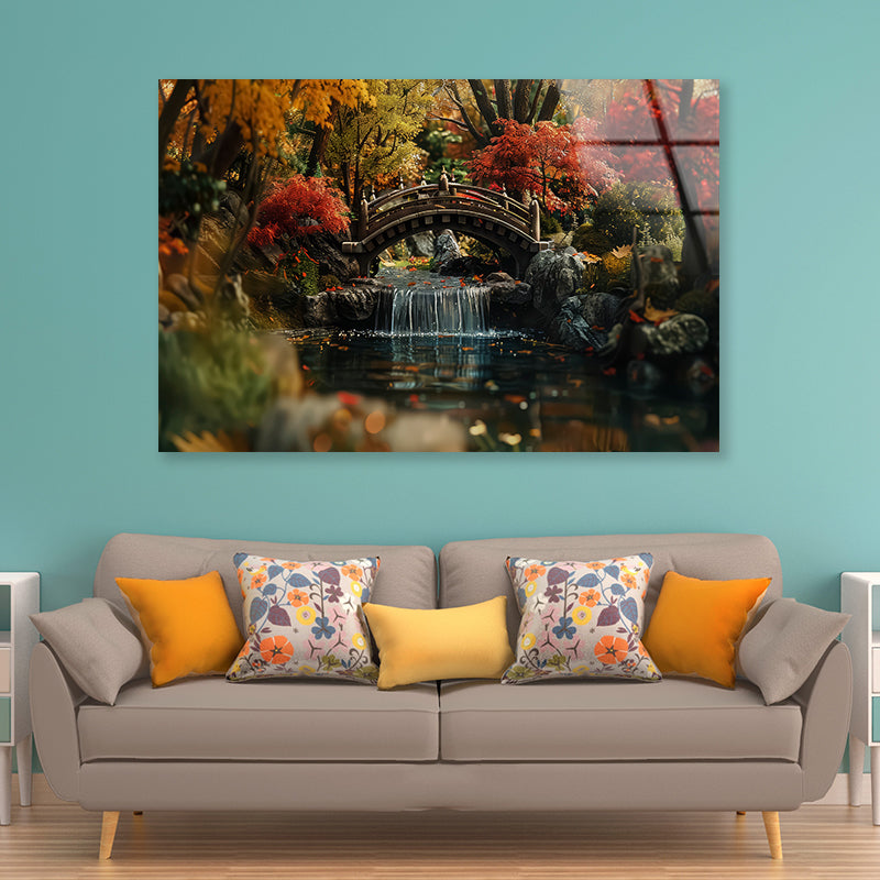Bridge Over a River with a Waterfall and Trees Acrylic Glass Print Tempered Glass Wall Art 100% Made in Australia Ready to Hang - Bella Home Decor