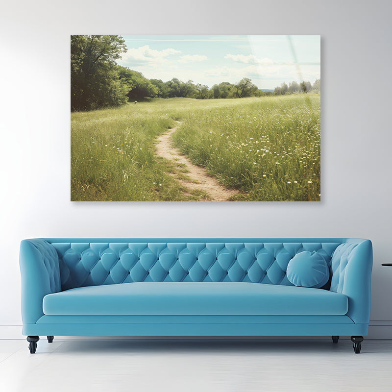 Walking Path through Meadow Grassland with Trees Acrylic Glass Print Tempered Glass Wall Art 100% Made in Australia Ready to Hang