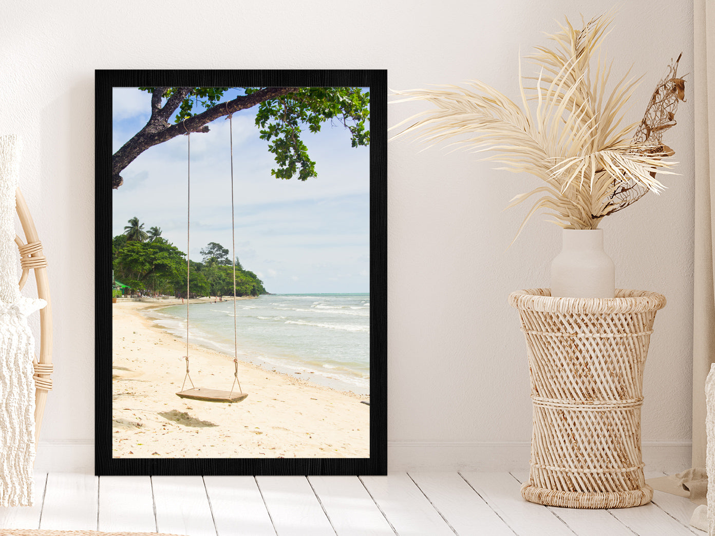 Swing Tree Sand Beach View at Thailand Glass Framed Wall Art, Ready to Hang Quality Print Without White Border Black