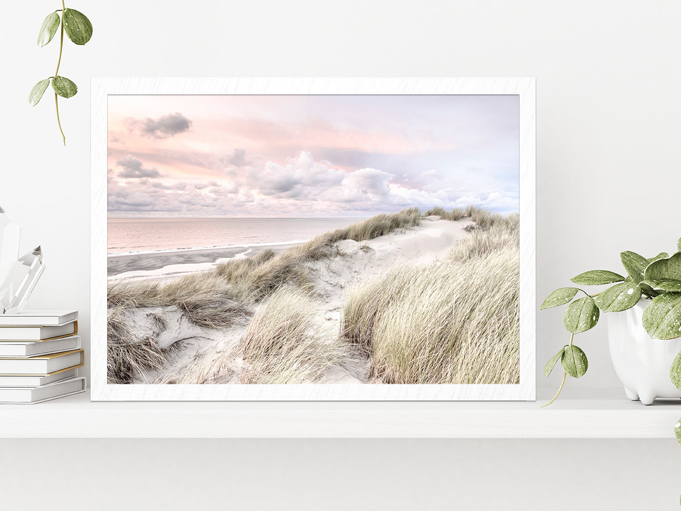 Sand Dunes & Cloudy Sky Sunset Photograph Glass Framed Wall Art, Ready to Hang Quality Print Without White Border White