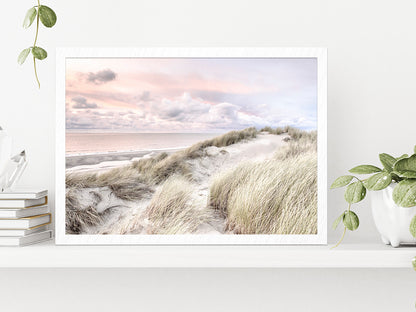 Sand Dunes & Cloudy Sky Sunset Photograph Glass Framed Wall Art, Ready to Hang Quality Print Without White Border White