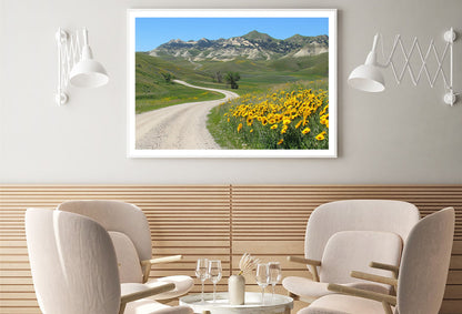 Field Of  Yellow Flowers, Mountains & Road Home Decor Premium Quality Poster Print Choose Your Sizes