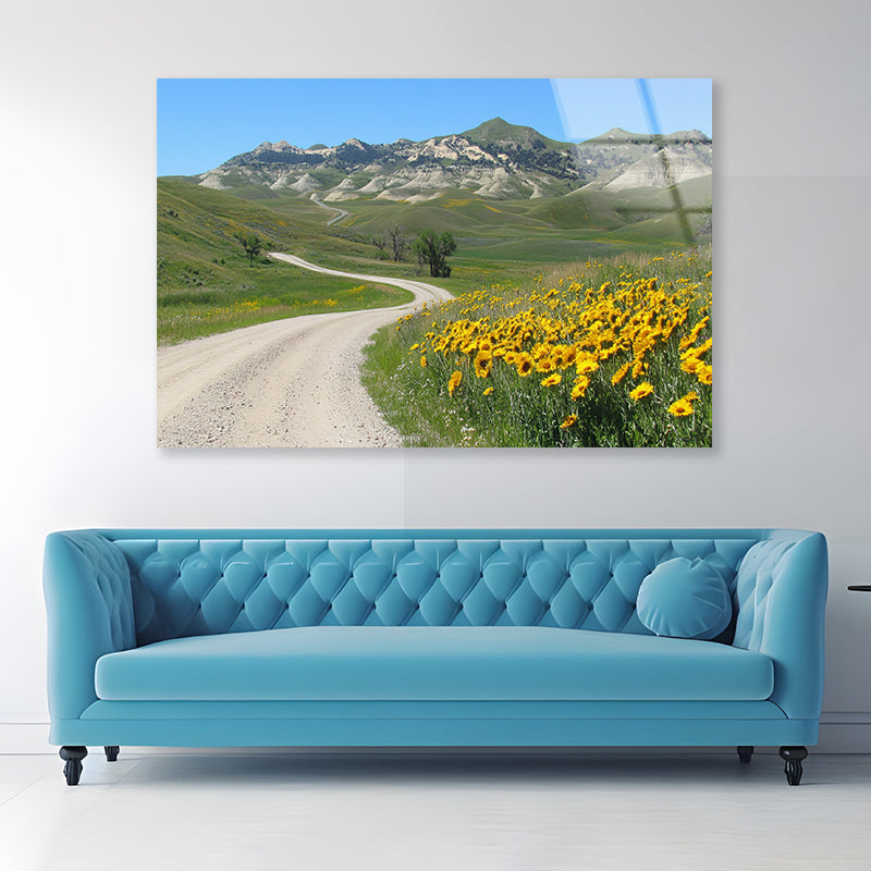 Field Of Yellow Flowers, Mountains & Road Acrylic Glass Print Tempered Glass Wall Art 100% Made in Australia Ready to Hang - Bella Home Decor
