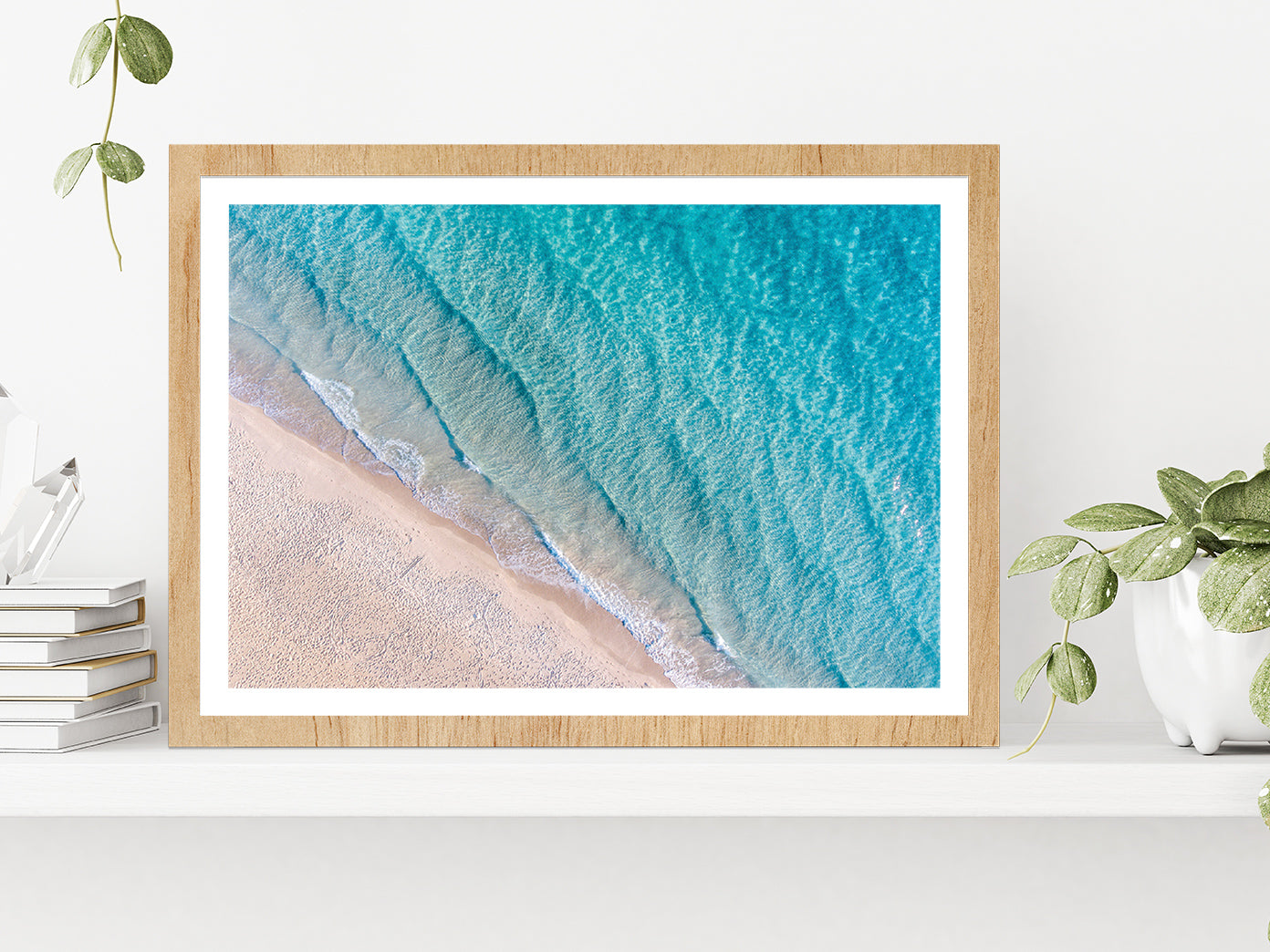 Coastline With Sea Waves & Sand Glass Framed Wall Art, Ready to Hang Quality Print With White Border Oak