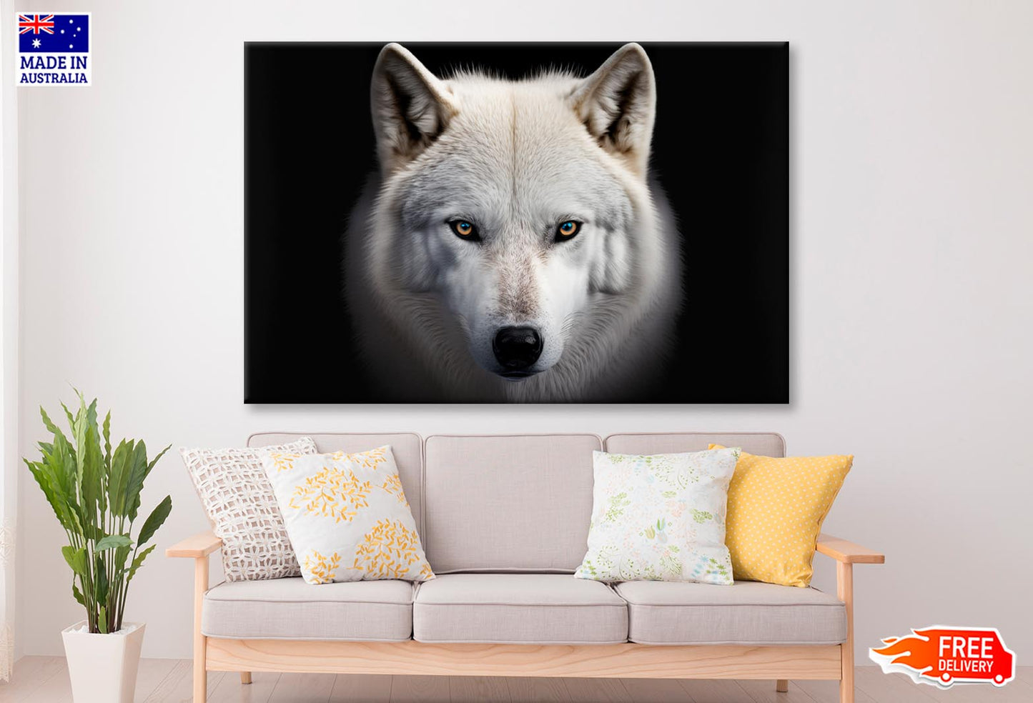 White Wolf with Blue Eyes Looking at The Camera Wall Art Decor 100% Australian Made