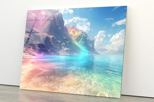 Serene Beach with Colorful Sunrise & Mountain Acrylic Glass Print Tempered Glass Wall Art 100% Made in Australia Ready to Hang