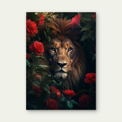 Lion Face Red Roses Garden 40x60cm Metal Print Ready to Hang