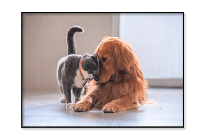 Loving Cute Cat and Golden Retriever Gog Home Decor Premium Quality Poster Print Choose Your Sizes