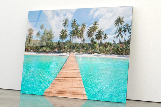 Turquoise Water Wooden Pier and Palm Trees Acrylic Glass Print Tempered Glass Wall Art 100% Made in Australia Ready to Hang