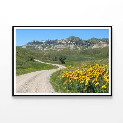 Field Of  Yellow Flowers, Mountains & Road Home Decor Premium Quality Poster Print Choose Your Sizes