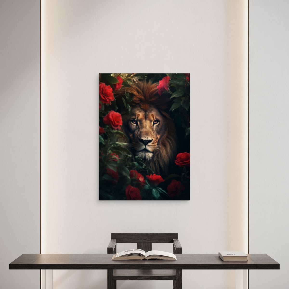 Lion Face Red Roses Garden 60x90cm Metal Print Ready to Hang