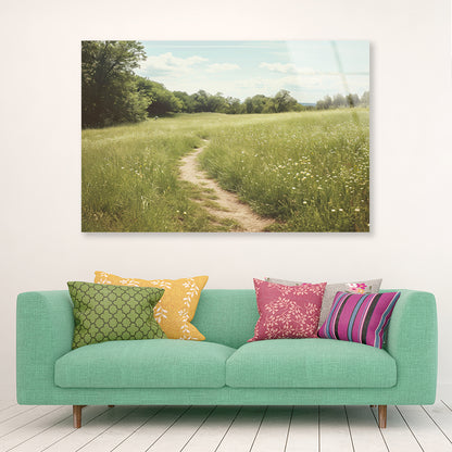 Walking Path through Meadow Grassland with Trees Acrylic Glass Print Tempered Glass Wall Art 100% Made in Australia Ready to Hang