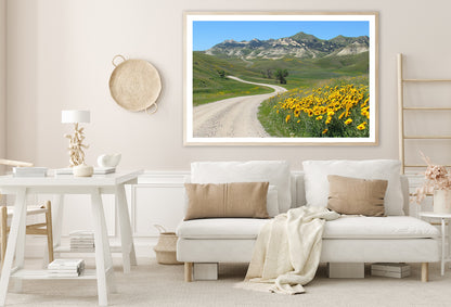 Field Of  Yellow Flowers, Mountains & Road Home Decor Premium Quality Poster Print Choose Your Sizes