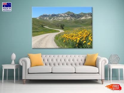 Field Of  Yellow Flowers, Mountains & Road Print 100% Australian Made - Bella Home Decor