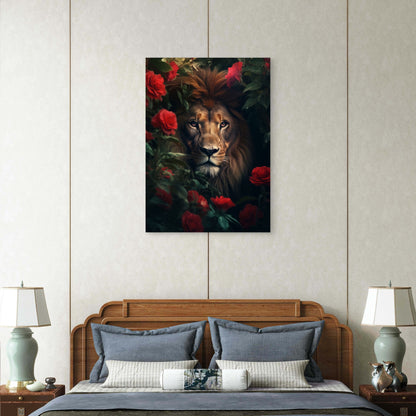 Lion Face Red Roses Garden 40x60cm Metal Print Ready to Hang
