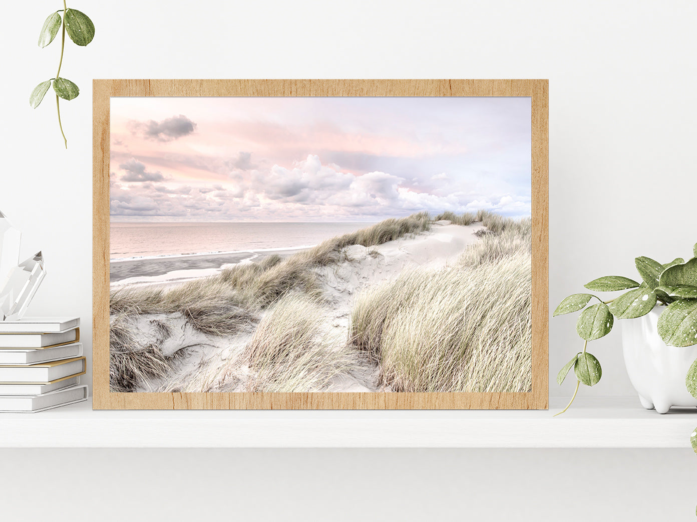 Sand Dunes & Cloudy Sky Sunset Photograph Glass Framed Wall Art, Ready to Hang Quality Print Without White Border Oak