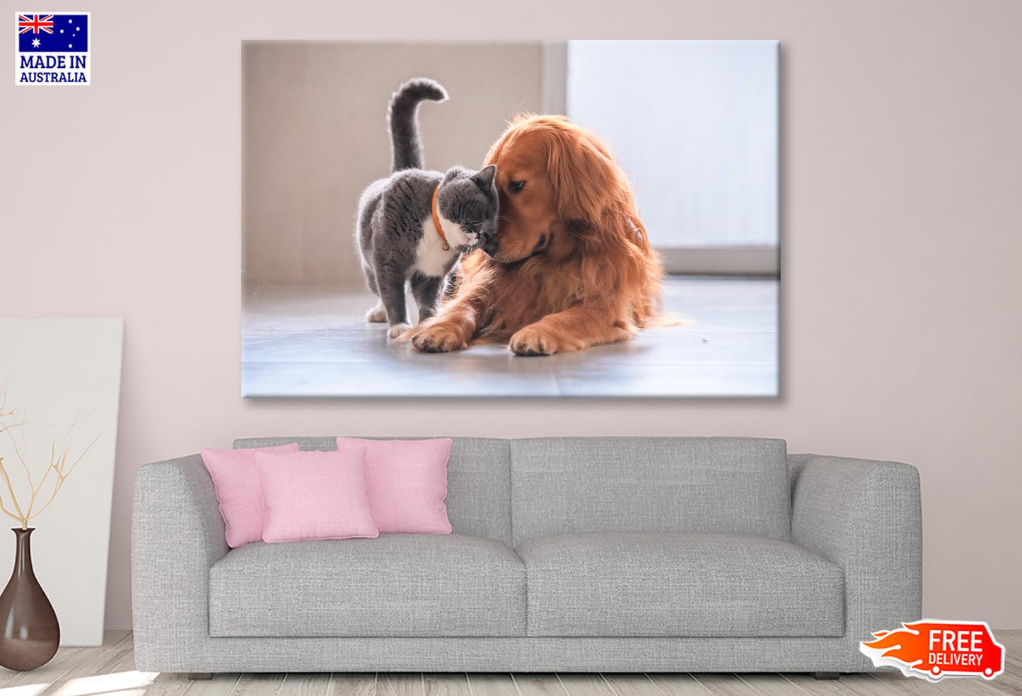 Lovely Cat and Golden Retriever Wall Art Decor 100% Australian Made