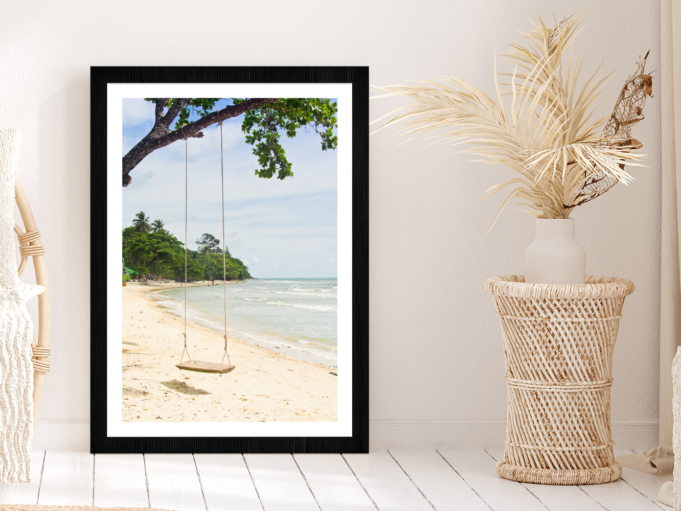 Swing Tree Sand Beach View at Thailand Glass Framed Wall Art, Ready to Hang Quality Print With White Border Black