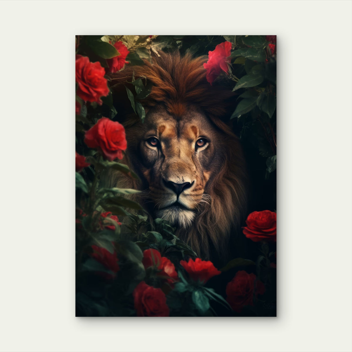Lion Face Red Roses Garden 60x90cm Metal Print Ready to Hang