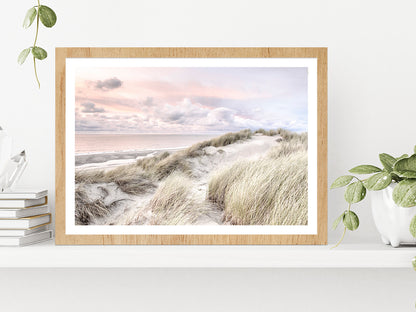 Sand Dunes & Cloudy Sky Sunset Photograph Glass Framed Wall Art, Ready to Hang Quality Print With White Border Oak