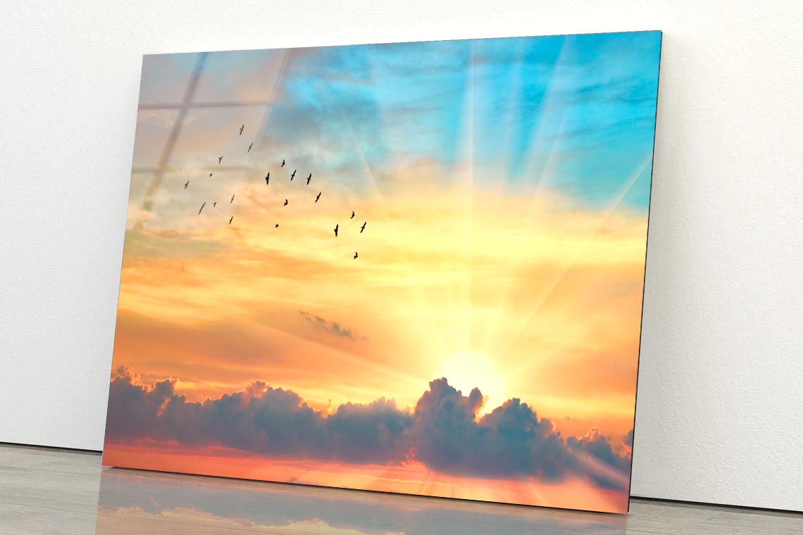 Cloud The Evening Sky at Sunset and The Bright Sun with Rays Acrylic Glass Print Tempered Glass Wall Art 100% Made in Australia Ready to Hang