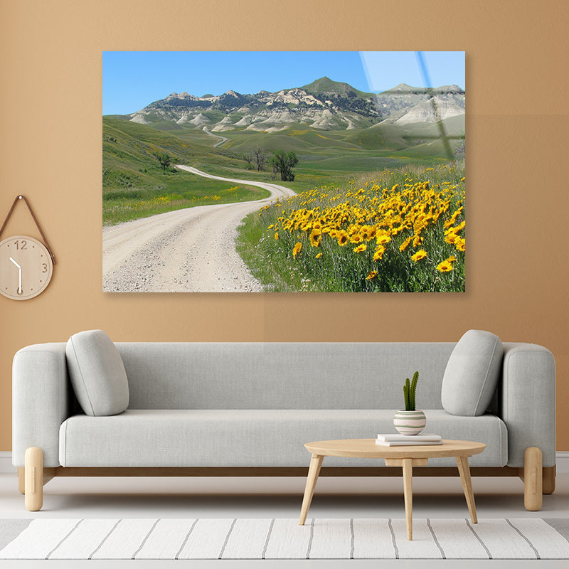 Field Of Yellow Flowers, Mountains & Road Acrylic Glass Print Tempered Glass Wall Art 100% Made in Australia Ready to Hang - Bella Home Decor
