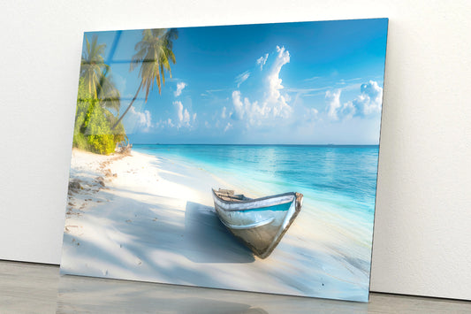 Tropical Beach with Old Wooden Boat Acrylic Glass Print Tempered Glass Wall Art 100% Made in Australia Ready to Hang