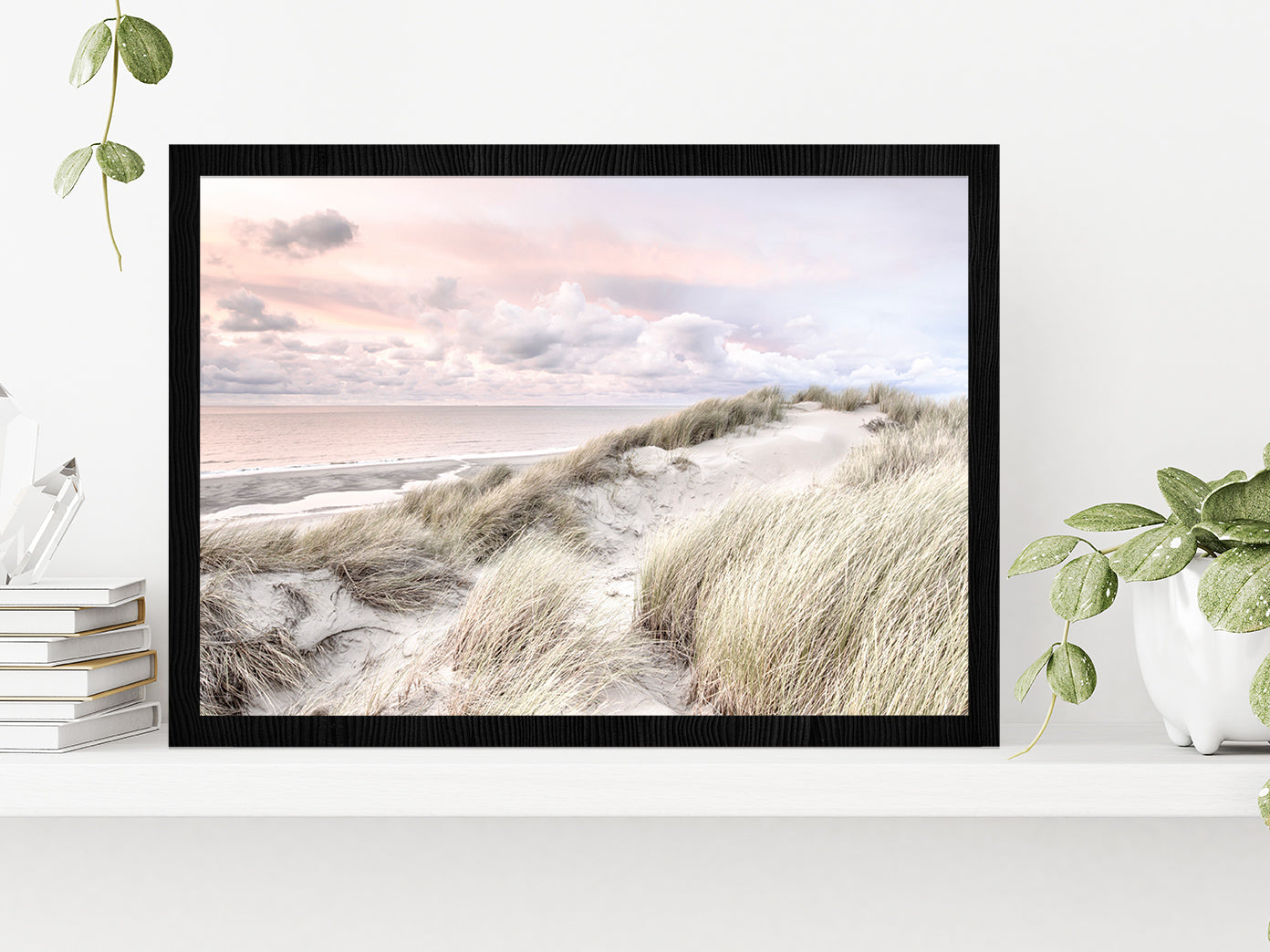 Sand Dunes & Cloudy Sky Sunset Photograph Glass Framed Wall Art, Ready to Hang Quality Print Without White Border Black