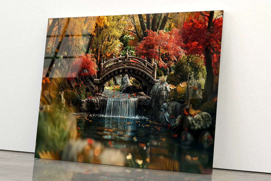 Bridge Over a River with a Waterfall and Trees Acrylic Glass Print Tempered Glass Wall Art 100% Made in Australia Ready to Hang - Bella Home Decor